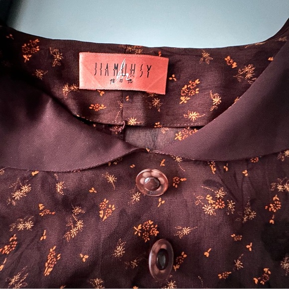 Vintage Women's Brown Floral Blouse 3/4 Sleeve Peter Pan Collar - Picture 10 of 12